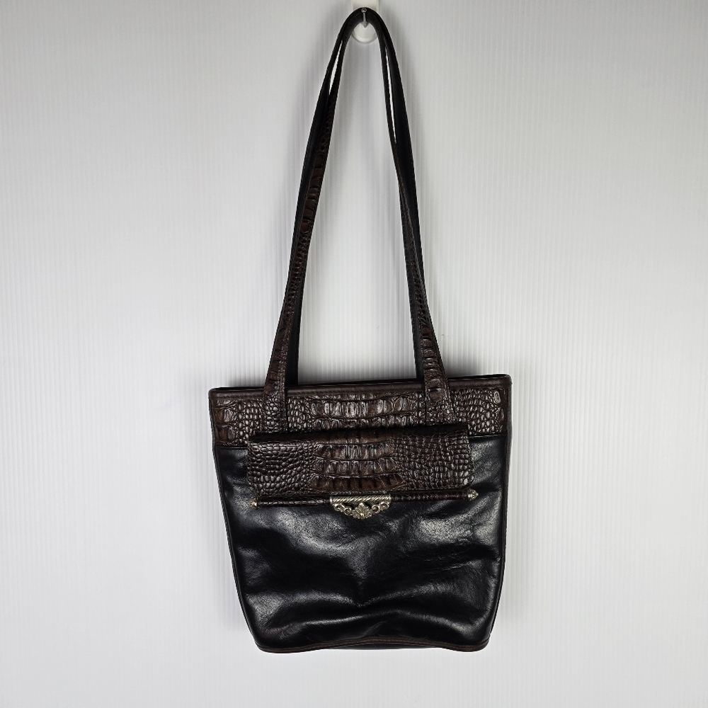 Brighton Black and Dark Brown Croc-Accent Shoulder Bag
